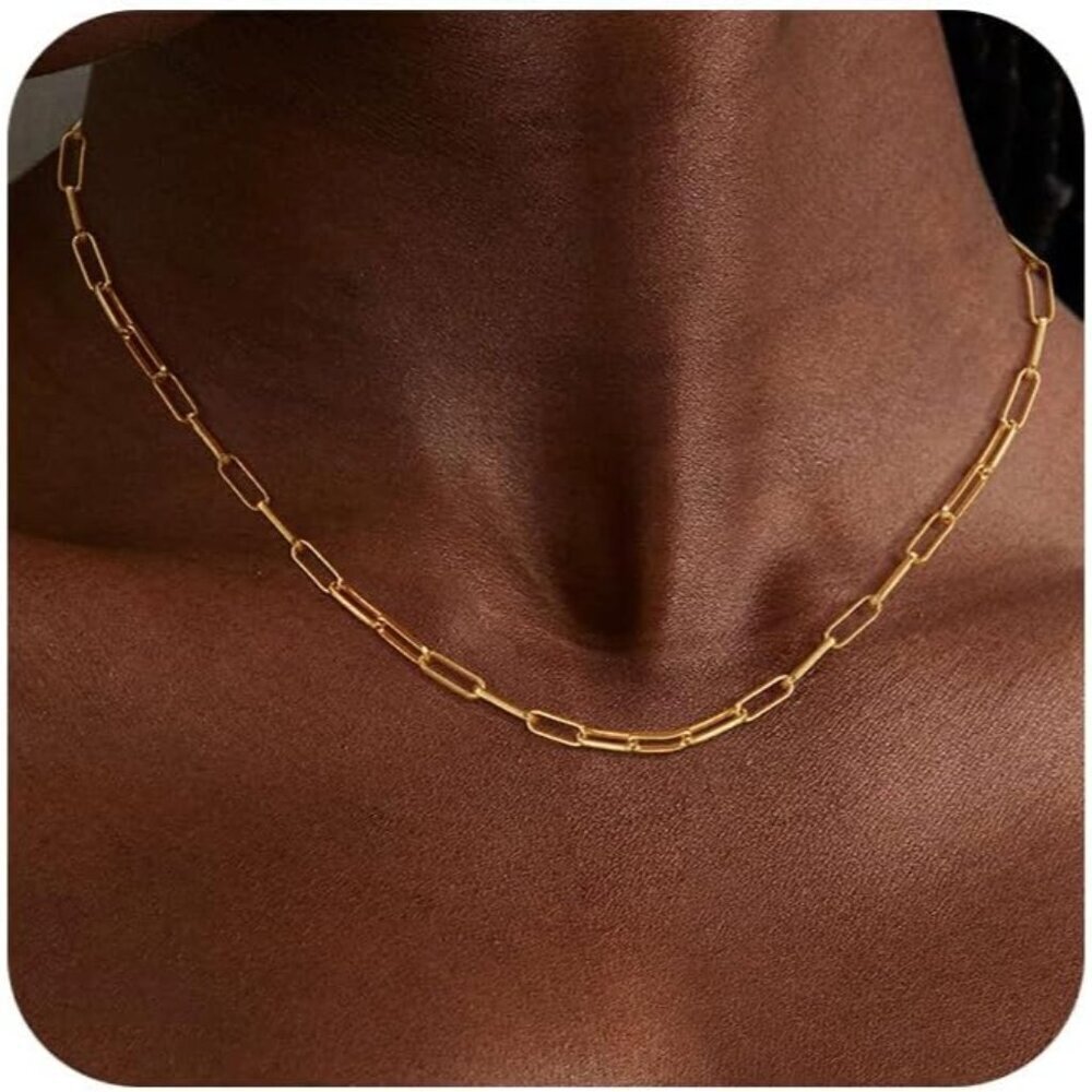 🆕Sweatproof 14K Gold Plated Non Tarnish Chunky Herringbone Paperclip Necklace
